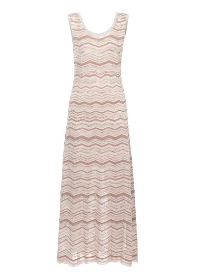 D Exterior Sleeveless Maxi Dress With Geometric Pattern And Lurex Accents In Neutral