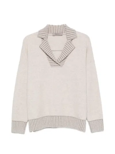D Exterior Striped-trim Spread-collar Sweater In Neutral