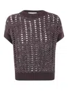 D Exterior Textured Open-knit Sweater With Subtle Sequins In Brown