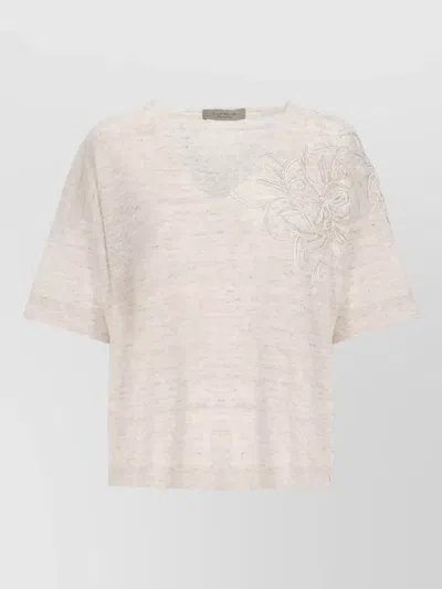 D Exterior Sweater Floral Embroidery Lace Shoulder Linen In Neutral