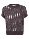 D Exterior Textured Open-knit Sweater With Subtle Sequins In Brown