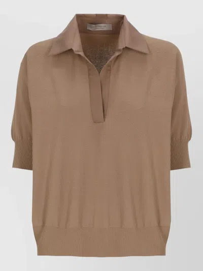 D Exterior Viscose Polo Shirt Ribbed Trims V Neck In Brown