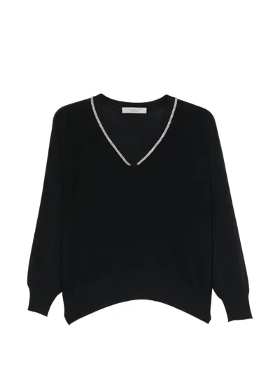 D Exterior V-neck Long-sleeve Sweater In Black