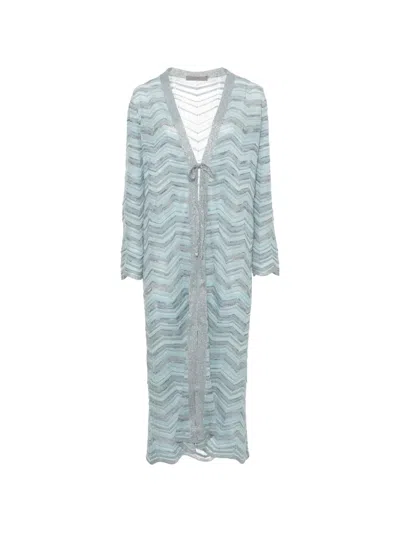 D Exterior Zigzag-knit Longline Cardigan In Blue