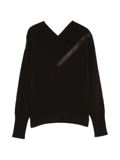 D Exterior Zip-detail V-neck Sweater In Black