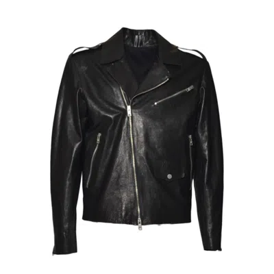 D FOUR ASYMMETRICAL BLACK LEATHER JACKET WITH MULTI-POCKET DESIGN