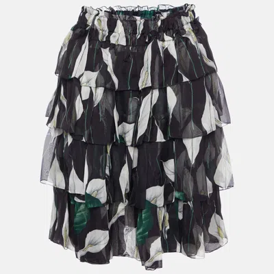 Pre-owned D & G Black Calla Lilly Print Silk Chiffon Tiered Skirt S