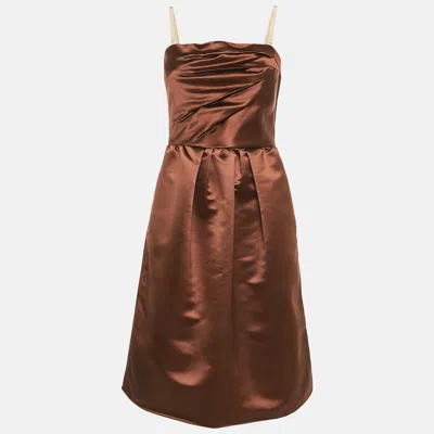 Pre-owned D & G Brown Satin Pleated Detail Mini Dress M