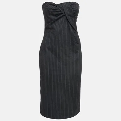Pre-owned D & G Grey Pinstripe Gabardine Draped Detail Strapless Mini Dress M