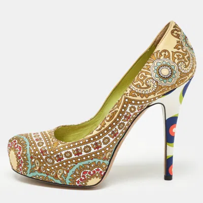 Pre-owned D & G Multicolor Printed Fabric Platform Pumps Size 36.5