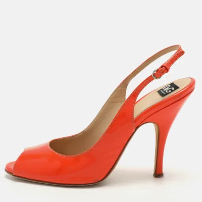 Pre-owned D & G Orange Patent Leather Peep Toe Slingback Sandals Size 38