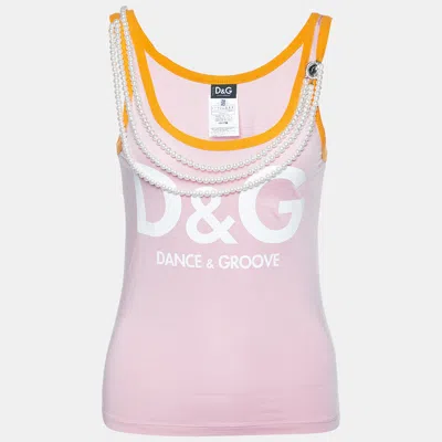 Pre-owned D & G Pink Knit Pearls Chain Detail Sleeveless T-shirt M