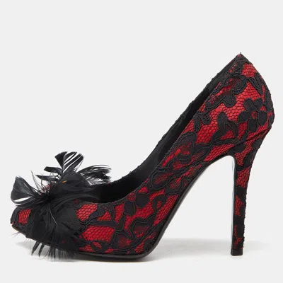 Pre-owned D & G Red/black Feather And Crystal Embellished Lace And Satin Pumps Size 37.5