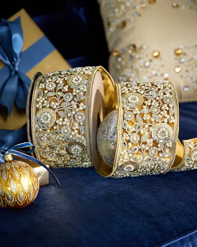 D. Stevens Sequined, Pearly, & Rhinestone Embellished Floral Ice Velvet Ribbon, 4" X 5 Yards In Gold