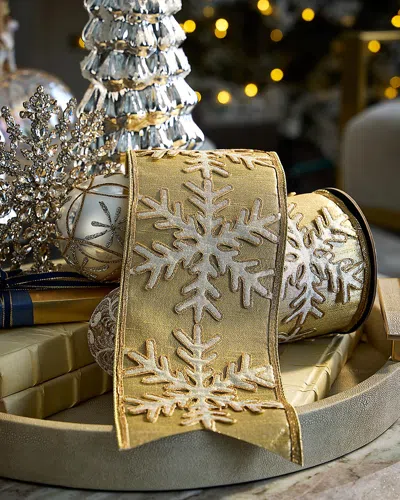 D. Stevens Snowflakes On Metallic Dupion Ribbon, 4"w X 5 Yards In Brown