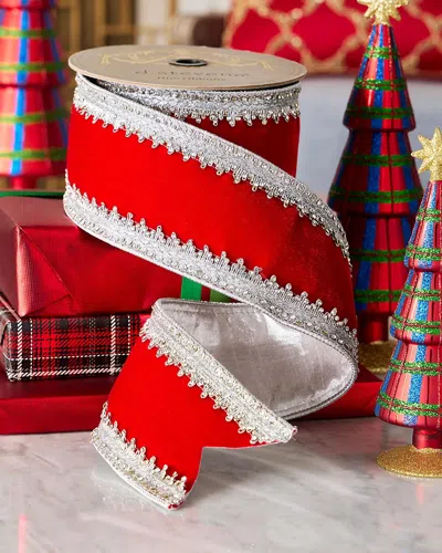 D. Stevens Velvet Ribbon With Silver Crystal Trim, 4" X 10 Yards In Red