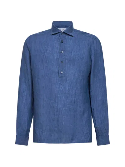 D4.0 Button-placket Long-sleeve Polo Shirt In Blue