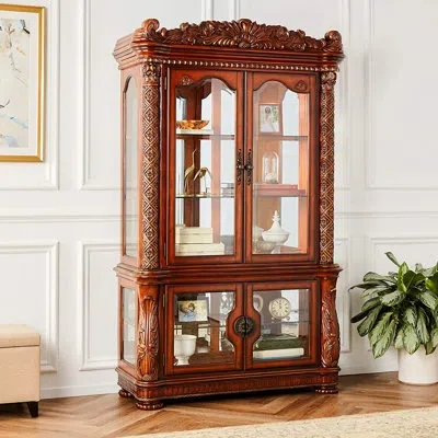 Dae Mirrored Back Lighted Curio Cabinet In Cherry