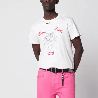 Dagger Cream Cotton T-shirt With Distressed Crew Neck & Mini Back Logo In Pink
