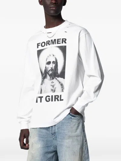 Dagger Distressed Graphic-print T-shirt In White