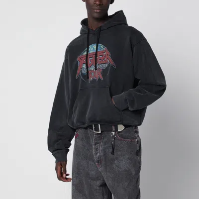 Dagger Faded Black Hooded Sweatshirt With Vintage Effect