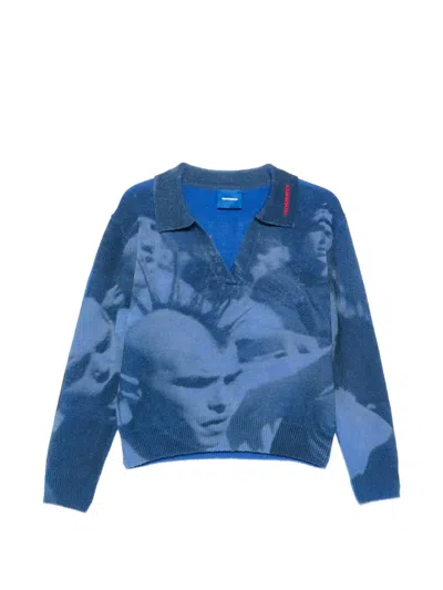 Dagger Graphic-print Open-neck Sweater In Blue