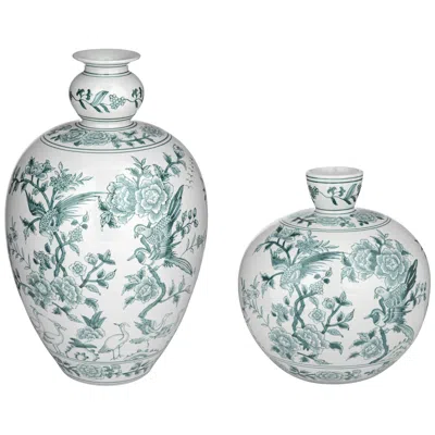 Dahlia Studios Lotus Green And White Ginger Jar Ceramic Decorative Vase Set Of 2