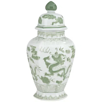 Dahlia Studios Sansui 15" High Green And White Ceramic Ginger Jar With Lid