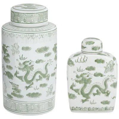 Dahlia Studios Sansui Green And White 2-piece Ceramic Ginger Jar Set