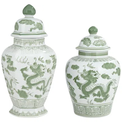 Dahlia Studios Sansui Green And White Ceramic Ginger Jars Set Of 2