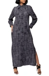 Dai Moda Bali Abstract Print Long Sleeve Double Slit Maxi Shirtdress In Charcoal