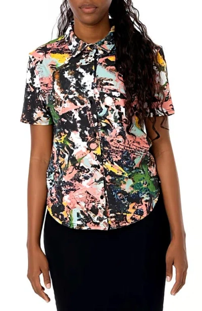 Dai Moda Clark Frenzy Short Sleeve Button-up Jersey Shirt In Black