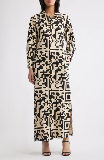 Dai Moda Qr Print Front Snap Midi Dress In Beige