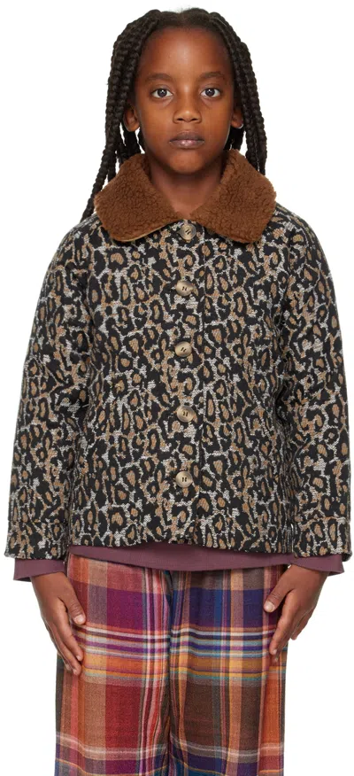Daily Brat Kids Black & Brown Happy Leopard Jacket In Lustrous Blue