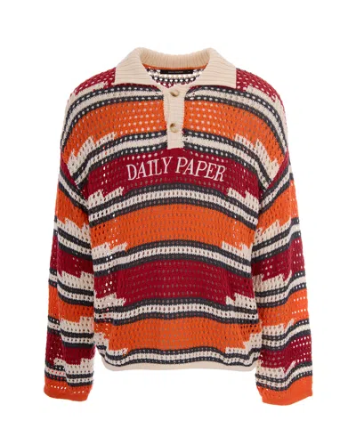 Daily Paper Crochet-knit Polo With Kente Stripe Design In Red