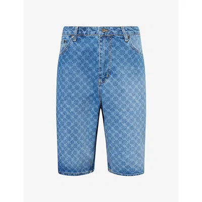 Daily Paper Mens Monogram-pattern Mid-rise Denim Shorts Blue