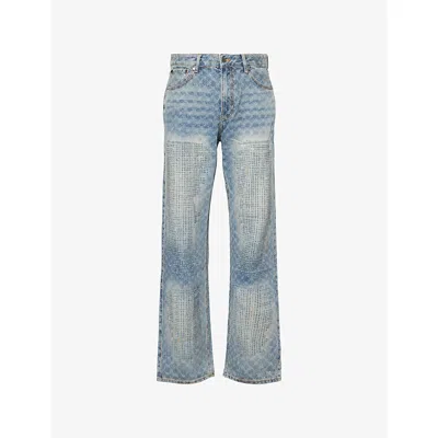 Daily Paper Mens Blue Amba Monogram-pattern Straight-leg Denim Jeans