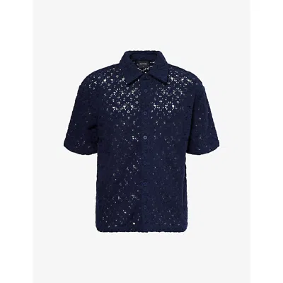 Daily Paper Mens Navy Lace Shield Short-sleeve Knitted Shirt