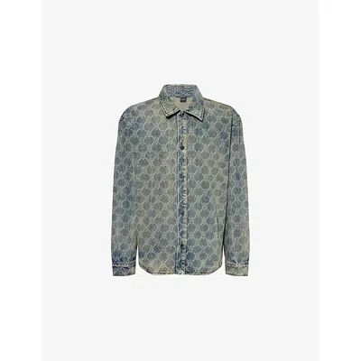 Daily Paper Mens Blue Shield Monogram-print Denim Shirt