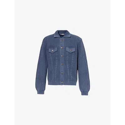 Daily Paper Mens Blue Tano Flap Knitted Cotton Cardigan