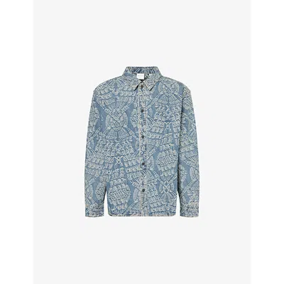 Daily Paper Mens Rahul Macramé-printed Denim Shirt Mid Blue