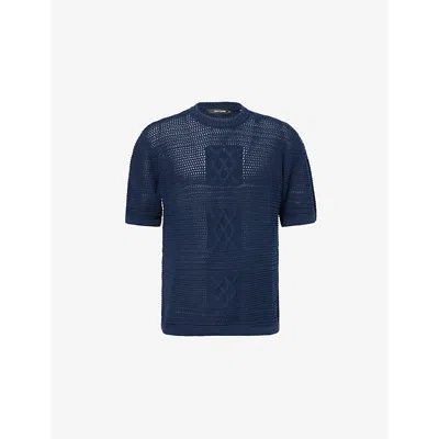 Daily Paper Mens Crewneck Crochet Cotton T-shirt Navy