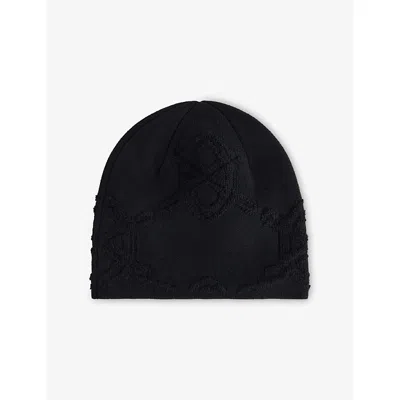Daily Paper Mens Textured Shield-intarsia Knitted Beanie Black