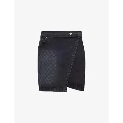Daily Paper Womens  Monogram-print Mid-waist Stretch-denim Mini Skirt In Black