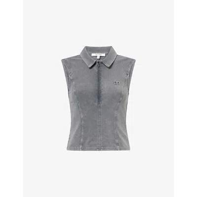 Daily Paper Womens Washed Cut-out Stretch-denim Polo Top Formal Grey In Gray
