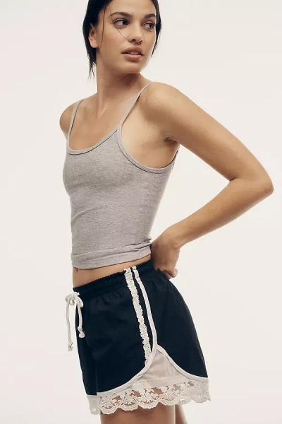 Daily Practice By Anthropologie Daily Practice Long Jump Lace-trim Drawstring Shorts In Gray