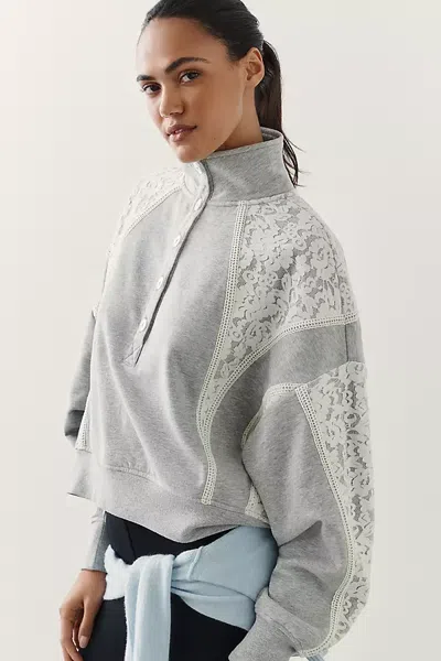 Daily Practice Cotton Blend Lace Funnel Neck Sweatshirt In Grey