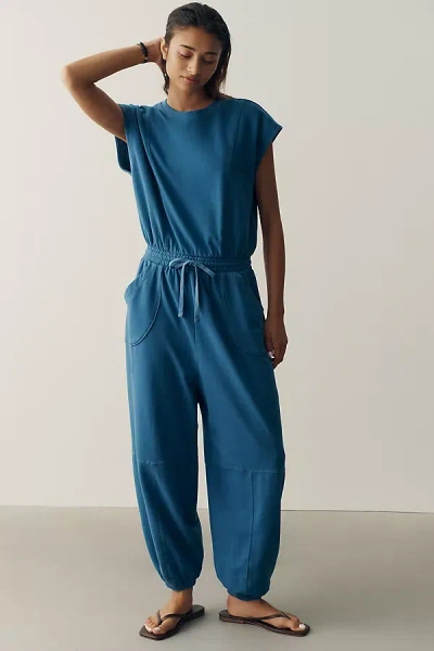 Daily Practice Short Sleeve Knit Jumpsuit In Blue