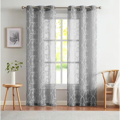 Dainty Home Set Of 2 Embroidered Sheer Curtain Panels In Silver