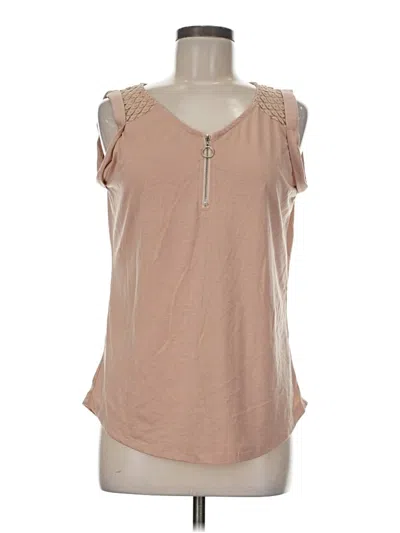 Pre-owned Daisy Fuentes Short Sleeve Top Tan Keyhole Neckline Tops In Brown